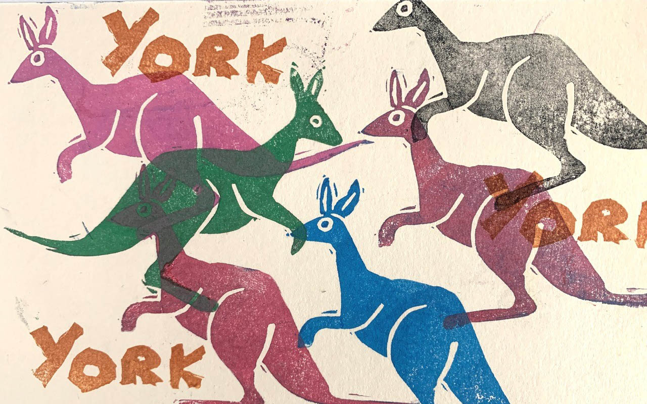 Rubber stamp postcard of York featuring kangaroos.